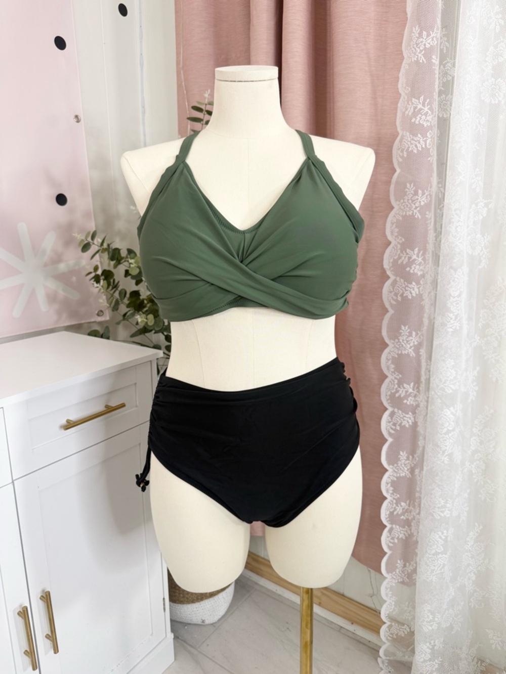 Olive Green Twist Bralette Bikini Top with Black High-Waist Bottoms BIN#8
